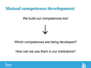 We build our competences too!
Which competences are being developed?
How can we use them in our institutions?
Mutual competence development
5

 