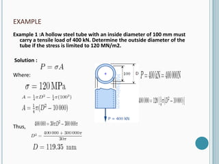 EXAMPLE
Example 1 :A hollow steel tube with an inside diameter of 100 mm must
carry a tensile load of 400 kN. Determine the outside diameter of the
tube if the stress is limited to 120 MN/m2.
Solution :
Where:

Thus,

 
