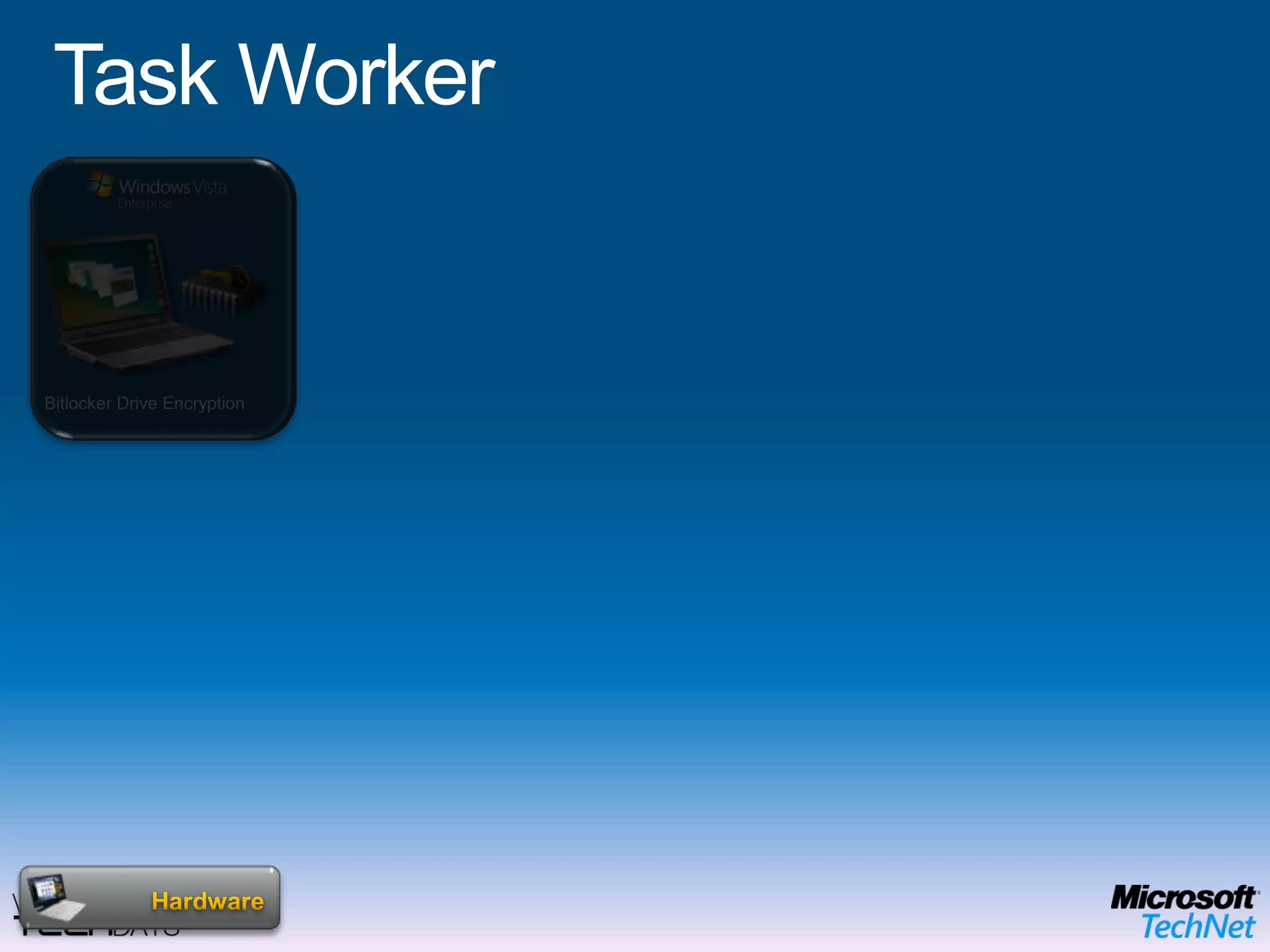 Office WorkerTerminal Server AccessRMS Protected DocumentsBi-Directional Firewall, Defender, Malicious Software Removal ToolBitlocker Drive EncryptionSecurity Center & UACNetwork Location ProtectionApplicationsAnti Virus & AntispywareNetwork Access ProtectionOSApplication (APP-V) & Enterprise Desktop    (MED-V) Virtualization HardwareEnd User BenefitsOffline UseFlexible ConfigurationsRich user experience IT Benefits Protection of the local dataEasy to migrate userMitigation of application compatibility issues