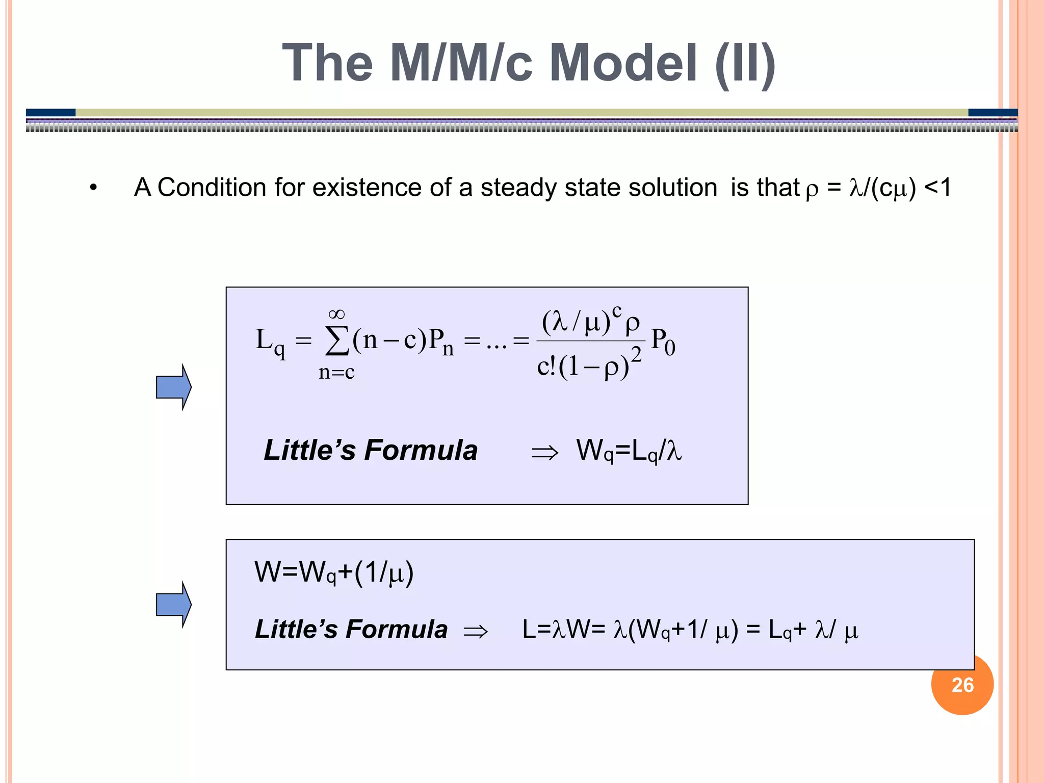 26
W=Wq+(1/)
Little’s Formula  Wq=Lq/
The M/M/c Model (II)
0
2
c
c
n
n
q P
)
1
(
!
c
)
/
(
...
P
)
c
n
(
L








 


• A Condition for existence of a steady state solution is that  = /(c) <1
Little’s Formula  L=W= (Wq+1/ ) = Lq+ / 
 