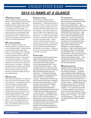 ANGELO STATE RAMS 
2014-15 RAMS AT A GLANCE 
10 BRENDAN LOGSDON 
Logsdon transfers to ASU after playing his 
freshman season at Ottawa University (Kansas) 
last year… Logsdon played his high school 
basketball at Smithson Valley where he helped 
lead his team to the playoffs for the first time 
in 10 seasons as the team’s captain… At 
Smithson Valley he was named to the all-district 
team and also earned a Liberty Mutual Player 
of the Month honor and was selected to the 
all-academic team twice… Logsdon shot over 
50 percent on 3-pointers during his high school 
career for head coach Roger Strauch. 
22 THOMAS BRANDSMA 
Brandsma averaged 3.1 points and 2.6 
rebounds per game in his sophomore season 
at ASU in 28 games played… Brandsma started 
three games and scored a season-high 11 
points in an Angelo State win over Texas A&M-Commerce 
at the Junell Center… He secured 
six rebounds against West Texas A&M and 
Tarleton State and had four or more rebounds 
in seven games for the Rams… Brandsma 
went 3-for-3 on 3-pointers in his 11-point game 
against the Lions and finished the season with 
eight 3-pointers on 13 attempts… He grabbed 
45 defensive rebounds and 28 on the offensive 
side of the court for a total of 73 rebounds… 
Brandsma finished his first season at ASU 
shooting 57 percent from the field (32-56) and 
had five blocked shots. 
23 OMARI GUDUL 
Gudul started 23 of 28 games in his sophomore 
season for the Rams and averaged 4.9 points 
and 4.2 rebounds… The tallest player on ASU’s 
roster for the second consecutive season 
at 6-foot-10, Gudul recorded 16 blocked 
shots last season… He blocked three shots 
against Cameron in the quarterfinals of the 
conference tournament and three more in the 
semifinals against Midwestern State… Gudul 
had two double-doubles with 13 points and 
12 rebounds against York College and 14 
points and 10 rebounds against Eastern New 
Mexico… He had four double-digit scoring 
performances and shot 46 percent from the 
field… He contributed 73 defensive rebounds 
and 45 offensive rebounds. 
3 MARSELL HOLDEN 
Holden started his collegiate career at 
San Jacinto College before transferring to 
Morehead State… Led Morehead State with 73 
3-pointers in the 2011-12 season and finished 
the year by scoring 8.4 points per game and 
shooting 37 percent from beyond the arc in 32 
games played… At San Jacinto, Holden was 
named the TABC Junior College Player of the 
Year in the 2010-11 season and was an JUCO 
All-American… He was also earned the Region 
XIV Player of the Year after that season where 
he scored 19.9 points per game… Holden 
is the San Jacinto all-time leader with 204 
3-pointers in his two seasons… Played his high 
school basketball at Farrell Area High School 
and was named the Pennsylvania Player of 
the Year after his senior season… Finished his 
high school career as Farrell’s all-time leader in 
scoring with 1,913 points. 
5 CHRIS JONES 
Jones transfers to ASU to play his senior 
season after playing the past three 
seasons at the University of North Texas… 
Jones leaves UNT as the program’s 
third all-time steals leader with 127 and 
is sixth with 282 career assists… Jones 
averaged 8.0 points, 4 rebounds and six 
assists per game during his junior season 
after scoring 9 points per game as a 
sophomore… In Conference USA play, 
Jones averaged 4.10 assists last season 
which was fourth in the conference 
rankings… As a freshman at UNT, Jones 
set the freshman record with 4.26 assists 
per game and also average 14.1 points 
per game which was the 19th highest 
nationally among freshmen… Jones 
played his high school basketball at 
Lakeview Centennial where he was named 
a TABC Class 5A All-State performer as 
a junior and senior… He averaged 16.9 
points per game and was District 10-5A’s 
MVP as a junior and senior where he 
helped lead his team to the Class 5A State 
Championship game both seasons… Led 
the Dallas-Fort Worth area with 6.9 assists 
per game during his senior season…. 
Inducted into the Garland Sports Hall of 
Fame for his work on the basketball court 
at Centennial. 
11 RAIJON KELLY 
Kelly transfers to ASU after playing the 
past three seasons at Samford University 
where he is the program’s all-time 
single-season assists leader… Kelly’s 
resume includes being named to the 2013 
All-Southern Conference first-team, the 
SOCON Media second-team and the 2012 
All-SOCON All-Freshman Team… Kelly 
was the first player in Samford’s history 
to be named to a SOCON postseason 
award’s list… He is coming off a junior 
season where he averaged 10.1 points, 
2.5 assists and 2.5 rebounds per game… 
Kelly scored a season-high 21 points 
against Austin Peay last season… 
Averaged 14.1 points per game as a 
sophomore… Taylor is a Minnesota native 
who played his high school basketball 
at Cretin-Derham Hall… He is the third 
all-time leader in scoring at Cretin-Derham 
where he averaged 16 points and five 
assists during his senior season… A two-time 
Minnesota All-State performer, he 
helped lead his team to the semifinals of 
the state championships. 
00 DEMARIO MAYFIELD 
Mayfield transfers to ASU after playing 
two seasons for Charlotte and one for 
the University of Georgia… A graduate 
student, Mayfield was the 2009 Georgia 
High School Player of the Year at Franklin 
County High School where he was a 23.9 
points per game scorer and also had 5.1 
rebounds and 6.7 assists per game during 
his senior season… Mayfield signed with 
Georgia and would play in 18 games for 
the Bulldogs before transferring to UNC-Charlotte… 
As a sophomore he average 
11.2 points per game and was second 
on the team with 204 rebounds (7.0 per 
game)… He recorded six double-doubles 
during the 2011-12 season… As a junior 
he would average 11.7 points per game 
and grabbed 65 rebounds in 18 games 
played. 
ANGELOSPORTS.COM 2014-15 RAM BASKETBALL 
 