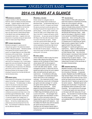 ANGELO STATE RAMS 
2014-15 RAMS AT A GLANCE 
10 BRENDAN LOGSDON 
Logsdon transfers to ASU after playing his 
freshman season at Ottawa University (Kansas) 
last year… Logsdon played his high school 
basketball at Smithson Valley where he helped 
lead his team to the playoffs for the first time 
in 10 seasons as the team’s captain… At 
Smithson Valley he was named to the all-district 
team and also earned a Liberty Mutual Player 
of the Month honor and was selected to the 
all-academic team twice… Logsdon shot over 
50 percent on 3-pointers during his high school 
career for head coach Roger Strauch. 
22 THOMAS BRANDSMA 
Brandsma averaged 3.1 points and 2.6 
rebounds per game in his sophomore season 
at ASU in 28 games played… Brandsma started 
three games and scored a season-high 11 
points in an Angelo State win over Texas A&M-Commerce 
at the Junell Center… He secured 
six rebounds against West Texas A&M and 
Tarleton State and had four or more rebounds 
in seven games for the Rams… Brandsma 
went 3-for-3 on 3-pointers in his 11-point game 
against the Lions and finished the season with 
eight 3-pointers on 13 attempts… He grabbed 
45 defensive rebounds and 28 on the offensive 
side of the court for a total of 73 rebounds… 
Brandsma finished his first season at ASU 
shooting 57 percent from the field (32-56) and 
had five blocked shots. 
23 OMARI GUDUL 
Gudul started 23 of 28 games in his sophomore 
season for the Rams and averaged 4.9 points 
and 4.2 rebounds… The tallest player on ASU’s 
roster for the second consecutive season 
at 6-foot-10, Gudul recorded 16 blocked 
shots last season… He blocked three shots 
against Cameron in the quarterfinals of the 
conference tournament and three more in the 
semifinals against Midwestern State… Gudul 
had two double-doubles with 13 points and 
12 rebounds against York College and 14 
points and 10 rebounds against Eastern New 
Mexico… He had four double-digit scoring 
performances and shot 46 percent from the 
field… He contributed 73 defensive rebounds 
and 45 offensive rebounds. 
3 MARSELL HOLDEN 
Holden started his collegiate career at 
San Jacinto College before transferring to 
Morehead State… Led Morehead State with 73 
3-pointers in the 2011-12 season and finished 
the year by scoring 8.4 points per game and 
shooting 37 percent from beyond the arc in 32 
games played… At San Jacinto, Holden was 
named the TABC Junior College Player of the 
Year in the 2010-11 season and was an JUCO 
All-American… He was also earned the Region 
XIV Player of the Year after that season where 
he scored 19.9 points per game… Holden 
is the San Jacinto all-time leader with 204 
3-pointers in his two seasons… Played his high 
school basketball at Farrell Area High School 
and was named the Pennsylvania Player of 
the Year after his senior season… Finished his 
high school career as Farrell’s all-time leader in 
scoring with 1,913 points. 
5 CHRIS JONES 
Jones transfers to ASU to play his senior 
season after playing the past three 
seasons at the University of North Texas… 
Jones leaves UNT as the program’s 
third all-time steals leader with 127 and 
is sixth with 282 career assists… Jones 
averaged 8.0 points, 4 rebounds and six 
assists per game during his junior season 
after scoring 9 points per game as a 
sophomore… In Conference USA play, 
Jones averaged 4.10 assists last season 
which was fourth in the conference 
rankings… As a freshman at UNT, Jones 
set the freshman record with 4.26 assists 
per game and also average 14.1 points 
per game which was the 19th highest 
nationally among freshmen… Jones 
played his high school basketball at 
Lakeview Centennial where he was named 
a TABC Class 5A All-State performer as 
a junior and senior… He averaged 16.9 
points per game and was District 10-5A’s 
MVP as a junior and senior where he 
helped lead his team to the Class 5A State 
Championship game both seasons… Led 
the Dallas-Fort Worth area with 6.9 assists 
per game during his senior season…. 
Inducted into the Garland Sports Hall of 
Fame for his work on the basketball court 
at Centennial. 
11 RAIJON KELLY 
Kelly transfers to ASU after playing the 
past three seasons at Samford University 
where he is the program’s all-time 
single-season assists leader… Kelly’s 
resume includes being named to the 2013 
All-Southern Conference first-team, the 
SOCON Media second-team and the 2012 
All-SOCON All-Freshman Team… Kelly 
was the first player in Samford’s history 
to be named to a SOCON postseason 
award’s list… He is coming off a junior 
season where he averaged 10.1 points, 
2.5 assists and 2.5 rebounds per game… 
Kelly scored a season-high 21 points 
against Austin Peay last season… 
Averaged 14.1 points per game as a 
sophomore… Taylor is a Minnesota native 
who played his high school basketball 
at Cretin-Derham Hall… He is the third 
all-time leader in scoring at Cretin-Derham 
where he averaged 16 points and five 
assists during his senior season… A two-time 
Minnesota All-State performer, he 
helped lead his team to the semifinals of 
the state championships. 
00 DEMARIO MAYFIELD 
Mayfield transfers to ASU after playing 
two seasons for Charlotte and one for 
the University of Georgia… A graduate 
student, Mayfield was the 2009 Georgia 
High School Player of the Year at Franklin 
County High School where he was a 23.9 
points per game scorer and also had 5.1 
rebounds and 6.7 assists per game during 
his senior season… Mayfield signed with 
Georgia and would play in 18 games for 
the Bulldogs before transferring to UNC-Charlotte… 
As a sophomore he average 
11.2 points per game and was second 
on the team with 204 rebounds (7.0 per 
game)… He recorded six double-doubles 
during the 2011-12 season… As a junior 
he would average 11.7 points per game 
and grabbed 65 rebounds in 18 games 
played. 
2014-15 RAM BASKETBALL ANGELOSPORTS.COM 
 