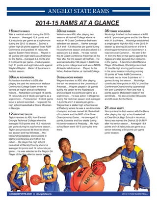 ANGELO STATE RAMS 
2014-15 RAMS AT A GLANCE 
15 DAKOTA RAWLS 
Was a medical redshirt during the 2013- 
14 season… Averaged 10.4 points and 
4.3 rebounds per game as a sophomore 
during the 2012-13 season... Scored a 
career-high 25 points against Texas A&M-Commerce 
and grabbed 11 rebounds 
against Eastern New Mexico… Played in 
26 games with eight starts as a freshman 
for the Rams... Averaged 3.2 points and 
2.1 rebounds per game... Had a season-high 
11 points and eight rebounds against 
Wayland Baptist... Made 18 3-pointers in 
his first season. 
30 BILAL RICHARDSON 
Richardson transfers to ASU after 
playing the past two seasons at Wallace 
Community College-Salem where he 
earned all-region and all-conference 
honors… Richardson averaged 14 points, 
11 rebounds and 2 blocks per game as a 
sophomore… Produced an 11-block game 
to set a school recorded… He played his 
high school basketball at Stone Mountain 
in Georgia. 
12 BRENTINE TAYLOR 
Taylor transfers to ASU from Central 
Georgia Technical College where he 
averaged 16.9 points and 11.2 rebounds 
per game during his sophomore season… 
Taylor also produced 68 blocked shots 
last season and had 59 steals… His 
rebounding statistics were second in 
CGTC’s conference and 13th in the 
nation… He played his high school 
basketball at Bleckly County where he 
averaged 24 points and 14 rebounds per 
game… He was selected as the Region 3A 
Player of the Year after his senior season. 
33 KYLE VASHER 
Vasher enters ASU after playing two 
seasons at Hartnell College where he 
was an All-Coast Conference first-team 
selection last season… Vasher average 
23.4 and 11.3 rebounds per game during 
his sophomore season and also added 5.1 
assists and 2.2 steals… He was named 
the All-Coast Conference Freshman of the 
Year after his first season at Hartnell… He 
was named a top-100 player in California 
at the junior college level and was a NSCA 
Athleader All-American… Played for his 
father, Andrew Vasher, at Hartnell College. 
3 DEQUAVIOUS WAGNER 
Wagner transfers to ASU after playing 
the last two seasons at the University of 
Arkansas… Wagner played in 28 games 
during his career for the Razorbacks 
and averaged 4.6 points per game as a 
sophomore… He saw action in 20 games 
during his freshman season and averaged 
1.4 points and 1.2 assists per game… 
Wagner had a stellar high school career 
at Peabody where he was a two-time state 
champion and was named Mr. Basketball 
of Louisiana and the MVP of the State 
Championship Game… He averaged 20 
points, 6 assists and four steals during 
his senior season at Peabody… His high 
school team went 107-5 during his time 
there. 
35 TOMMY WOOLRIDGE 
Woolridge finished his first season at ASU 
with 9.1 points per game and led the Rams 
with 37 3-pointers… Woolridge established 
a single-game high for ASU in the 2013-14 
season by scoring 32 points on a 6-for-6 
shooting performance on 3-pointers in a 
road-win over Cameron… He went 9-for- 
11 from the field in that game against the 
Aggies and also secured four rebounds 
in the game… A two-time LSC Offensive 
Player of the Week, Woolridge recorded 
12 double-digit scoring performances 
in his junior season including scoring 
20 points at Texas A&M-Commerce… 
He made two or more 3-pointers in 11 
games during the season… Woolridge 
contributed nine points in ASU’s Lone Star 
Conference Championship quarterfinal 
win over Cameron in Allen and had 10 
points against Midwestern State in the 
semifinals… He also provided 30 assists 
and 26 steals for the Rams. 
21 JOVAN YANCY 
Yancy enters his first season with the Rams 
after playing his high school basketball 
at Clear Brook High School in Houston… 
Yancy was named the District 23-5A MVP 
after his senior season… Averaged 18.9 
points and 4.6 rebounds per game as a 
senior following a 9.6 points per game 
junior season. 
ected ANGELOSPORTS.COM || @AngeloSports 2014-15 RAM BASKETBALL 
 