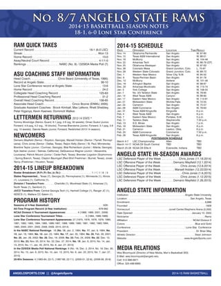 2014-15 RAM BASKETBALLANGELOSPORTS.COM || @AngeloSports
ANGELO STATE RAMS
RAM QUICK TAKES
Current Record: . . . . . . . . . . . . . . . . . . . . . . . . . . . . . . . . . . 18-1 (6-0 LSC)
Streak: . . . . . . . . . . . . . . . . . . . . . . . . . . . . . . . . . . . . . . . . . . . . . . . Won 13
Home Record: . . . . . . . . . . . . . . . . . . . . . . . . . . . . . . . . . . . . . . . . . . . 13-0
Away/Neutral Court Record: . . . . . . . . . . . . . . . . . . . . . . . . . . . . . . 4-1/1-0
Rankings . . . . . . . . . . . . . . . . . . . . NABC (No. 8) / D2SIDA Media Poll (7)
ASU COACHING STAFF INFORMATION
Head Coach: . . . . . . . . . . . . . . . . .Chris Beard (University of Texas, 1995)
Record at Angelo State:. . . . . . . . . . . . . . . . . . . . . . . . . . . . . . . . . . . 36-10
Lone Star Conference record at Angelo State: . . . . . . . . . . . . . . . . . . 13-6
Home Record: . . . . . . . . . . . . . . . . . . . . . . . . . . . . . . . . . . . . . . . . . . . 24-2
Collegiate Head Coaching Record . . . . . . . . . . . . . . . . . . . . . . . . . 125-63
Professional Head Coaching Record . . . . . . . . . . . . . . . . . . . . . . . . . 31-2
Overall Head Coaching Record. . . . . . . . . . . . . . . . . . . . . . . . . . . . 156-65
Associate Head Coach: . . . . . . . . . . . . . . . . . Cinco Boone (ENMU, 2005)
Graduate Assistant Coaches: Brock Kimball, Max Lefevre, Rhett Sheibley,
Peter Kiganya, Kevin Kaerwer, Dominick Walker.
LETTERMEN RETURNING 2013-14 STATS *
Tommy Woolridge (Senior, Guard, 9.1 ppg, 2.6 rpg, 30 assists); Omari Gudul (Junior,
Forward, 4.9 ppg, 4.2 rpg., 16 blocks); Thomas Brandsma (Junior, Forward, 3.1 ppg, 2.6
rpg, 10 assists); Dakota Rawls (Junior, Forward, Redshirted 2013-14 season).
NEWCOMERS
Demario Mayfield (Senior / Royston, Georgia); Marsell Holden (Senior / Farrell, Pennsyl-
vania); Chris Jones (Senior / Dallas, Texas); Raijon Kelly (Senior / St. Paul, Minnesota);
Brentine Taylor (Junior / Cochran, Georgia); Bilal Richardson (Junior / Atlanta, Georgia);
Kyle Vasher (Junior / Salinas, California); DeQuavious Wagner (Junior / Alexandria,
Louisiana); Patrick Mound (Junior / Cedar Park, Texas); Brendan Logsdon (Sophomore
/ Spring Branch, Texas); Clayton Baumgart (Red-Shirt Freshman / Burnet, Texas); Jovan
Yancy (Freshman / Houston, Texas)
2014-15 LINEUP BREAKDOWN
Roster Breakdown (R-Fr./Fr./So./Jr./Sr.): . . . . . . . . . . . . . . . . . . . . . . 1 / 1 / 1 / 8 / 5
States Represented... Texas (7), Georgia (3), Pennsylvania (1), Minnesota (1), Illinois
(1), Louisiana (1), California (1).
Division I Transfers From: . . . . . . . Charlotte (1), Morehead State (1), Arkansas (1),
North Texas (1), Samford (1).
JUCO Transfers From: Central Georgia Tech (1), Hartnell College (1), Ranger JC (1),
NDSCS (1), Wallace CC-Salem (1).
PROGRAM HISTORY
Seasons of 4-Year Basketball: . . . . . . . . . . . . . . . . . . . . . . . . . . . . . . . . . . . . . . 50th
All-Time Program Record (4-Year Institution): . . . . . . . . . . . . . . . . . . . . . . 676-662
NCAA Division II Tournament Appearances: . . . . . . . . 4 (1988, 1989, 2001, 2009)
Lone Star Conference Tournament Titles:. . . . . . . . . . . . . . . . 3 (1984, 1988,1989)
Lone Star Conference Tournament Appearances: 27 (1975, 1976, 1978, 1979, 1980,
1981, 1982, 1983, 1984, 1985, 1986,1987, 1988, 1989, 1990, 1991, 1992, 1993,1994,
1995, 2000, 2001, 2002, 2008, 2009, 2010, 2014)
In the NABC National Rankings: 16 (No. 14, Jan. 2, 1984; No. 17, Jan. 9, 1984; No.
13, Jan. 16, 1984; No. 15, Jan. 23, 1984; No. 17, Jan. 30, 1984; No. 25, Feb. 26, 2001;
No. 25, Jan. 28, 2002; No. 25, Dec. 16, 2008; No. 23, Feb. 24, 2009; No. 22, Dec. 10,
2013; No. 23, Nov. 25, 2014; No. 22, Dec. 27, 2014; No. 19, Jan. 6, 2015; No. 14, Jan.
13, 2015; No. 11, Jan. 20, 2015, No. 8, Jan. 27, 2015)
In the D2SIDA Media Poll National Rankings: 6 (No. 16, Dec. 2, 2014, No. 19, Dec. 30,
2014; No. 15, Jan. 6, 2015; No. 10, Jan. 13, 2015; No. 8, Jan. 20, 2015; No. 7, Jan. 27,
2015)
20-Win Seasons: 4 (1983-84, 22-7); (1987-88, 22-11); (2000-01, 22-8); (2008-09, 20-9)
No. 8/7 ANGELO STATE RAMSNo. 8/7 ANGELO STATE RAMS
2014-15 BASKETBALL SEASON NOTES2014-15 BASKETBALL SEASON NOTES
18-1, 6-0 Lone Star Conference18-1, 6-0 Lone Star Conference
2014-15 SCHEDULE
DATE OPPONENT LOCATION TIME/RESULT
Nov. 14 Oklahoma Panhandle San Angelo W, 97-60
Nov. 15 Texas A&M International San Angelo W, 86-51
Nov. 18 McMurry San Angelo W, 104-48
Nov. 22 Arkansas Tech San Angelo W, 88-79 (OT)
Nov. 25 Oklahoma Wesleyan San Angelo W, 97-63
Nov. 28 Colorado Mesa Grand Junction, Colo. L, 70-67
Nov. 29 Western State Colorado Grand Junction, Colo. W, 89-73
Dec. 1 Western New Mexico Silver City, N.M. W, 85-52
Dec. 6 Texas-Permian Basin San Angelo W, 91-79
Dec. 12 McMurry Abilene W, 101-48
Dec. 16 Arlington Baptist San Angelo W, 99-67
Dec. 20 Arkansas-Monticello San Angelo W, 113-74
Jan. 3 York College San Angelo W, 108-55
Jan. 7 No. 3/5 Tarleton State San Angelo W, 78-60
Jan. 14 West Texas A&M Canyon W, 88-60
Jan. 17 Eastern New Mexico San Angelo W, 112-81
Jan. 21 Midwestern State Wichita Falls W, 72-55
Jan. 24 Cameron San Angelo W, 75-57
Jan. 28 A&M-Commerce San Angelo W, 79-63
Jan. 31 Texas A&M-Kingsville Kingsville 6 p.m.
Feb. 4 West Texas A&M San Angelo 8 p.m.
Feb. 7 Eastern New Mexico Portales, N.M. 5 p.m.
Feb. 11 Tarleton State Stephenville 7:30 p.m.
Feb. 13 S.D. Mines San Angelo 7 p.m.
Feb. 18 Midwestern State San Angelo 8 p.m.
Feb. 21 Cameron Lawton, Okla. 6 p.m.
Feb. 25 A&M-Commerce Commerce 7:30 p.m.
Feb. 28 Texas A&M-Kingsville San Angelo 6 p.m.
POSTSEASON SCHEDULE
March 4-7 LSC Championship Allen TBD
March 14-17 NCAA DII South Central TBD TBD
March 25-28 NCAA DII Elite 8 Evansville, Indiana TBD
ANGELO STATE IN-SEASON AWARDS
LSC Defensive Player of the Week . . . . . . . . . . .Chris Jones (11.18.2014)
LSC Offensive Player of the Week. . . . . . . . Demario Mayfield (12.1.2014)
LSC Offensive Player of the Week. . . . . . . . . . . . .Chris Jones (12.8.2014)
LSC Offensive Player of the Week. . . . . . . . . Marsell Holden (12.22/2014)
LSC Defensive Player of the Week . . . . . . . . . . . . .Chris Jones (1.6.2015)
LSC Defensive Player of the Week . . . . . . . . . . . .Chris Jones (1.12.2015)
LSC Defensive Player of the Week . . . . . . . Demario Mayfield (1.26.2015)
ANGELO STATE INFORMATION
Institution: . . . . . . . . . . . . . . . . . . . . . . . . . . . . . . . . . . . . . . . .Angelo State University
Location: . . . . . . . . . . . . . . . . . . . . . . . . . . . . . . . . . . . . . . . . . . . . .San Angelo, Texas
Enrollment:. . . . . . . . . . . . . . . . . . . . . . . . . . . . . . . . . . . . . . . . . . . . . . . . . . . . . . 6,888
Founded: . . . . . . . . . . . . . . . . . . . . . . . . . . . . . . . . . . . . . . . . . . . . . . . . . . . . . . . .1928
Homecourt: . . . . . . . . . . . . . . . . . . . . . . . . . . . Junell Center/Stephens Arena (5,500)
Date Opened: . . . . . . . . . . . . . . . . . . . . . . . . . . . . . . . . . . . . . . . . . .January 10, 2002
Nickname: . . . . . . . . . . . . . . . . . . . . . . . . . . . . . . . . . . . . . . . . . . . . . . . . . . . . . . Rams
Affiliation: . . . . . . . . . . . . . . . . . . . . . . . . . . . . . . . . . . . . . . . . . . . . . . NCAA Division II
Colors: . . . . . . . . . . . . . . . . . . . . . . . . . . . . . . . . . . . . . . . . . . . . . . . . . . Blue and Gold
Conference: . . . . . . . . . . . . . . . . . . . . . . . . . . . . . . . . . . . . . . . Lone Star Conference
President:. . . . . . . . . . . . . . . . . . . . . . . . . . . . . . . . . . . . . . . . . . . . . . . . .Dr. Brian May
Athletic Director:. . . . . . . . . . . . . . . . . . . . . . . . . . . . . . . . . . . . . . . . . . . Sean Johnson
Website: . . . . . . . . . . . . . . . . . . . . . . . . . . . . . . . . . . . . . . . . . www.AngeloSports.com
MEDIA RELATIONS
Wes Bloomquist (Director of New Media, Men’s Basketball SID)
E-Mail: wes.bloomquist@angelo.edu
Cell: 512-966-6971
Office: 325-486-6993
 