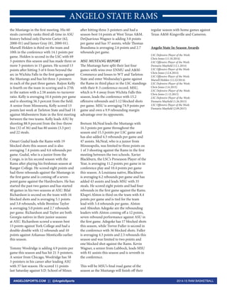 2014-15 RAM BASKETBALLANGELOSPORTS.COM || @AngeloSports
ANGELO STATE RAMS
the Mustangs in the first meeting. His 60
steals currently ranks third all-time in ASU
history behind only Darwin Carter (62,
2000-01) and James Gray (81, 2000-01).
Marsell Holden is third on the team and
10th in the conference with 14.1 points per
game. Holden is second in the LSC with 69
3-pointers this season and has made three or
more 3-pointers in 15 games. He scored 13
points after hitting 3 of 6 from beyond the
arc in Wichita Falls in the first game against
the Mustangs and has hit three 3-pointers
in each of the past three games. Raijon Kelly
is fourth on the team in scoring and is 27th
in the nation with a 2.58 assists-to-turnover
ratio. Kelly is averaging 10.4 points per game
and is shooting 56.3 percent from the field.
A senior from Minnesota, Kelly scored 13
points last week at Tarleton State and had 14
against Midwestern State in the first meeting
between the two teams. Kelly leads ASU by
shooting 88.9 percent from the free-throw
line (32 of 36) and has 80 assists (3.3 per)
and 22 steals.
Omari Gudul leads the Rams with 19
blocked shots this season and is also
averaging 7.4 points and 4.6 rebounds per
game. Gudul, who is a junior from the
Congo, is in his second season with the
Rams after playing his freshman season at
Ranger College. He scored eight points and
had three rebounds against the Mustangs in
the first game and is coming off a seven-
point game against the Hardrockers. He has
started the past two games and has started
40 games in his two seasons at ASU. Bilal
Richardson is second on the team with 16
blocked shots and is averaging 5.1 points
and 3.8 rebounds, while Brentine Taylor
is averaging 5.0 points and 2.7 rebounds
per game. Richardson and Taylor are both
Georgia natives in their junior seasons
at ASU. Richardson scored a season-best
15 points against York College and had a
double-double with 12 rebounds and 10
points against Arkansas-Monticello earlier
this season.
Tommy Woolridge is adding 4.9 points per
game this season and has hit 21 3-pointers.
A senior from Chicago, Woolridge has 58
3-pointers in his career after leading ASU
with 37 last season. He scored 11 points
last Saturday against S.D. School of Mines
after hitting three 3-pointers and had a
season-best 14 points at West Texas A&M.
DeQuavious Wagner is adding 3.8 points
per game and has 37 assists, while Thomas
Brandsma is averaging 2.6 points and 2.7
rebounds per game.
MSU MUSTANG REPORT
The Mustangs have split their last four
games with wins over ENMU and A&M-
Commerce and losses to WT and Tarleton
State and enter Wednesday’s game against
the Rams in third place in the LSC standings
with their 8-3 conference record. MSU,
which is 9-4 away from Wichita Falls this
season, leads the conference with 15.2
offensive rebounds and 5.12 blocked shots
per game. MSU is averaging 74.9 points per
game and own a 9.9 rebounding margin
advantage over its opponents.
Bretson McNeal leads the Mustangs with
16.3 points per game throughout the
season and 15.3 points per LSC game and
has also added 4.5 rebounds per game and
47 assists. McNeal, who is a junior from
Minneapolis, was limited to three points on
1 of 3 shooting against the Rams in the first
meeting between the two schools. Xavier
Blackburn, the LSC’s Preseason Player of the
Year, is averaging 11.2 points per game in in
conference play and 10.4 points per game
this season. A Louisiana native, Blackburn
is averaging 6.2 rebounds per game and has
added 43 assists and leads MSU with 35
steals. He scored eight points and had four
rebounds in the first game against the Rams.
Khapri Alston is third on the team with 8.4
points per game and is tied for the team
lead with 5.4 rebounds per game. Alston
and Abiodun Adegoke are the rebounding
leaders with Alston coming off a 12 points,
seven-rebound performance against ASU in
the first game. Adegoke has 17 blocked shots
this season, while Trevor Fuller is second in
the conference with 36 blocked shots. Fuller
is averaging 4.3 points and 2.5 rebounds this
season and was limited to two points and
one blocked shot against the Rams. Kevin
Wagner, a senior from Lubbock, leads MSU
with 81 assists this season and is seventh in
the conference.
This will be MSU’s final road game of the
season as the Mustangs will finish off their
regular season with home games against
Texas A&M-Kingsville and Cameron.
Angelo State In-Season Awards
LSC Defensive Player of the Week:
Chris Jones (11.18.2014)
LSC Offensive Player of the Week:
Demario Mayfield (12.1.2014)
LSC Offensive Player of the Week:
Chris Jones (12.8.2014)
LSC Offensive Player of the Week:
Marsell Holden (12.22/2014)
LSC Defensive Player of the Week:
Chris Jones (1.6.2015)
LSC Defensive Player of the Week:
Chris Jones (1.12.2015)
LSC Defensive Player of the Week:
Demario Mayfield (1.26.2015)
LSC Offensive Player of the Week:
Demario Mayfield (2.09.2015)
 