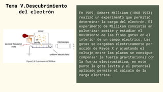 En 1909, Robert Millikan (1868-1953)
realizó un experimento que permitió
determinar la carga del electrón. El
experimento de Millikan consistia en
pulverizar aceite y estudiar el
movimiento de las finas gotas en el
interior de un campo electrico. Las
gotas se cargaban electricamente por
acción de Rayos X y ajustando el
voltaje entre las placas se consigue
compensar la fuerza gravitacional con
la fuerza electrostática, en este
punto la gota levita y el potencial
aplicado permite el cálculo de la
carga electrica.
Tema V.Descubrimiento
del electrón
 