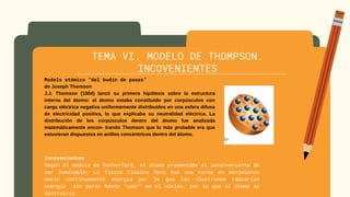 TEMA VI. MODELO DE THOMPSON.
INCOVENIENTES
Modelo atómico “del budín de pasas”
de Joseph Thomson
J.J. Thomson (1904) lanzó su primera hipótesis sobre la estructura
interna del átomo: el átomo estaba constituido por corpúsculos con
carga eléctrica negativa uniformemente distribuidos en una esfera difusa
de electricidad positiva, lo que explicaba su neutralidad eléctrica. La
distribución de los corpúsculos dentro del átomo fue analizada
matemáticamente encon- trando Thomson que lo más probable era que
estuvieran dispuestos en anillos concéntricos dentro del átomo.
Incovenientes
Según el modelo de Rutherford, el átomo presentaba el inconveniente de
ser Inestable; La fisica Clasica deca aue una carea en movimiento
emite continuamente energia por lo que los electrones radiarían
energía sin parar hasta "caer" en el núcleo, con lo que el átomo se
destruiría.
 