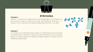 Orbitales




Orbitales d
Cuando t = 2, existen cinco valores para ml, que corresponden a cinco orbitales d. El
valor mínimo de n para un orbital d es 3. Como l nunca puede ser mayor que n – 1,
cuando n= 3 y l= 2, tenemos cinco orbitales 3d (3dxy, 3dyz, 3dxz, 3dx2 – y 2 y 3dz2).
Orbitales f
Los orbitales f son importantes porque explican el comportamiento de los elementos
con número atómico mayor de 57, aunque no es fácil representar su forma. La química
general no incluye el estudio de orbitales que tengan valores de l mayores de 3 (los
orbitales g y subsecuentes).
 