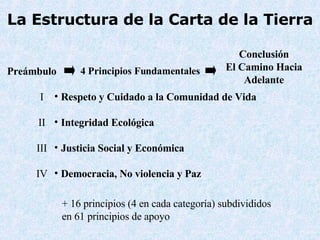 Preámbulo 4 Principios Fundamentales Respeto y Cuidado a la Comunidad de Vida  Integridad Ecológica Justicia Social y Económica Democracia, No violencia y Paz + 16 principios (4 en cada categoría) subdivididos en 61 principios de apoyo Conclusión El Camino Hacia Adelante La Estructura de la Carta de la Tierra I II III IV 