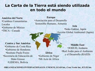 La Carta de la Tierra está siendo utilizada  en todo el mundo ORGANIZA CIONES INTERNACIONALES : UNESCO, LEAD Int . ,  Cruz Verde  Int .,  ICLEI Int . América del Norte Cumbres Comunitarias Locales Gobierno de México  TRCA - Canadá Europ a Asociación para el Desarrollo  Sostenible Humano,  Armenia Asia   Soka Gakkai, Jap ón Acción Global Ambiental (Japó n) Centro y Sur  Am é rica Go bierno de  Costa Rica Go bierno de  Honduras Instituto  Paulo Freire  Secretaría de Educación de  Mato Grosso LIDEMA, Bolivia Middle East JOHUD, Jordan ia Red Árabe para el Ambiente  y el Desarrollo  (RAED) Á frica Go bierno de  Niger M i  Acre  de   Á frica 