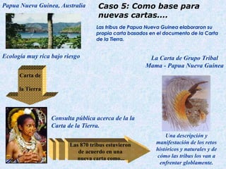Las tribus de Papua Nueva Guinea elaboraron su propia carta basados en el documento de la Carta de la Tierra. Las 870 tribus estuvieron  de acuerdo en una  nueva carta como... Carta de la Tierra Papua Nueva Guinea, Australia La Carta de Grupo Tribal Mama  - Papua Nueva Guinea Ecología muy rica bajo riesgo Consulta pública acerca de la la Carta de la Tierra. Una descripción y manifestación de los retos históricos y naturales y de cómo las tribus los van a enfrentar globlamente. Caso 5: Como base para nuevas cartas.... 