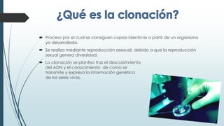 Proceso por el cual se consiguen copias idénticas a partir de un organismo
ya desarrollado.
 Se realiza mediante reproducción asexual, debido a que la reproducción
sexual genera diversidad.
 La clonación se planteo tras el descubrimiento
del ADN y el conocimiento de como se
transmite y expresa la información genética
de los seres vivos.
 