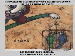 MIS PADRES ME DIERON ENTONCES 2 PERIQUITOS EN UNA JAULA A PRUEBA DE GATOS LOS LLAMÉ PIOJO Y LECHUGA.  YA ÉRAMOS 8 EN LA CASA AZUL 