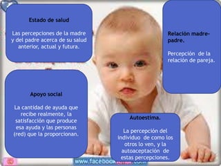 Estado de salud
Las percepciones de la madre
y del padre acerca de su salud
anterior, actual y futura.

Relación madrepadre.
Percepción de la
relación de pareja.

Apoyo social
La cantidad de ayuda que
recibe realmente, la
satisfacción que produce
esa ayuda y las personas
(red) que la proporcionan.

Autoestima.
La percepción del
individuo de como los
otros lo ven, y la
autoaceptación de
estas percepciones.

 