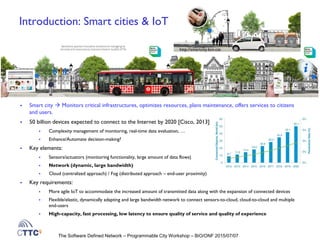 The Software Defined Network – Programmable City Workshop – BiO/ONF 2015/07/07
Introduction: Smart cities & IoT
 Smart city  Monitors critical infrastructures, optimizes resources, plans maintenance, offers services to citizens
and users.
 50 billion devices expected to connect to the Internet by 2020 [Cisco, 2013]
 Complexity management of monitoring, real-time data evaluation, …
 Enhance/Automate decision-making?
 Key elements:
 Sensors/actuators (monitoring functionality, large amount of data flows)
 Network (dynamic, large bandwidth)
 Cloud (centralized approach) / Fog (distributed approach – end-user proximity)
 Key requirements:
 More agile IoT to accommodate the increased amount of transmitted data along with the expansion of connected devices
 Flexible/elastic, dynamically adapting and large bandwidth network to connect sensors-to-cloud, cloud-to-cloud and multiple
end-users
 High-capacity, fast processing, low latency to ensure quality of service and quality of experience
http://smartcity.bcn.cat
 