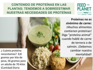 CONTENIDO DE PROTEÍNAS EN LAS
PLANTAS; TENDEMOS A SOBREESTIMAR
NUESTRAS NECESIDADES DE PROTEÍNAS
¿ Cuánta proteína
necesitamos? 0,8
gramos por kilo de
peso, 56 gramos para
un adulto de 70-kilos
(Cantidad Diaria
Proteínas no es
sinónimo de carne:
¡Muchos alimentos
contienen proteínas!
Diga “proteína animal”
cuando hablé de carne
de ternera o de
salmón. ¡Debemos
cambiar nuestra
mentalidad!
 
