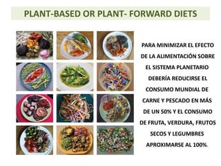 PLANT-BASED OR PLANT- FORWARD DIETS
PARA MINIMIZAR EL EFECTO
DE LA ALIMENTACIÓN SOBRE
EL SISTEMA PLANETARIO
DEBERÍA REDUCIRSE EL
CONSUMO MUNDIAL DE
CARNE Y PESCADO EN MÁS
DE UN 50% Y EL CONSUMO
DE FRUTA, VERDURA, FRUTOS
SECOS Y LEGUMBRES
APROXIMARSE AL 100%.
 