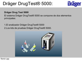 Ramón Lago
Dräger Drug Test 5000
El sistema Dräger DrugTest® 5000 se compone de dos elementos
principales:
1.El analizador Dräger DrugTest® 5000
2.Los kits de pruebas Dräger DrugTest® 5000.
 