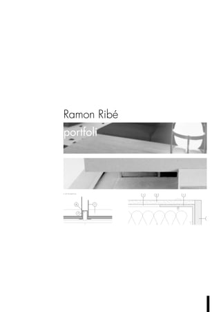 Ramon Ribé
portfoli
Detall a.1 Secció
Detall a.2 Planta
1- Bastidor a partir de perfils metàl·lics C de 80x80mm.
2- Revestiment de plaques de fibrociment 10mm de gruix
acollat amb tirafons.
3- Marc a partir de pletina metàl·lica de 15mm de gruix.
4- Cilindre metàl·lic (30 mm de diàmetre) massís soldat a marc,
engreixat, que permet el gir.
6- Aïllant de fibres minerals.
7- Part que reté el cilindre de la porta a partir de tub metàl·lic
soldat a la pletina.
Engreixat, s'hi introdueix el cilindre (4) i permet el gir de les
portes.
1 1
1
2
2
6
3
4
t
Vista planta inferior
Secció frontal t part superior
(encaix marc amb paret)
7
7
 
