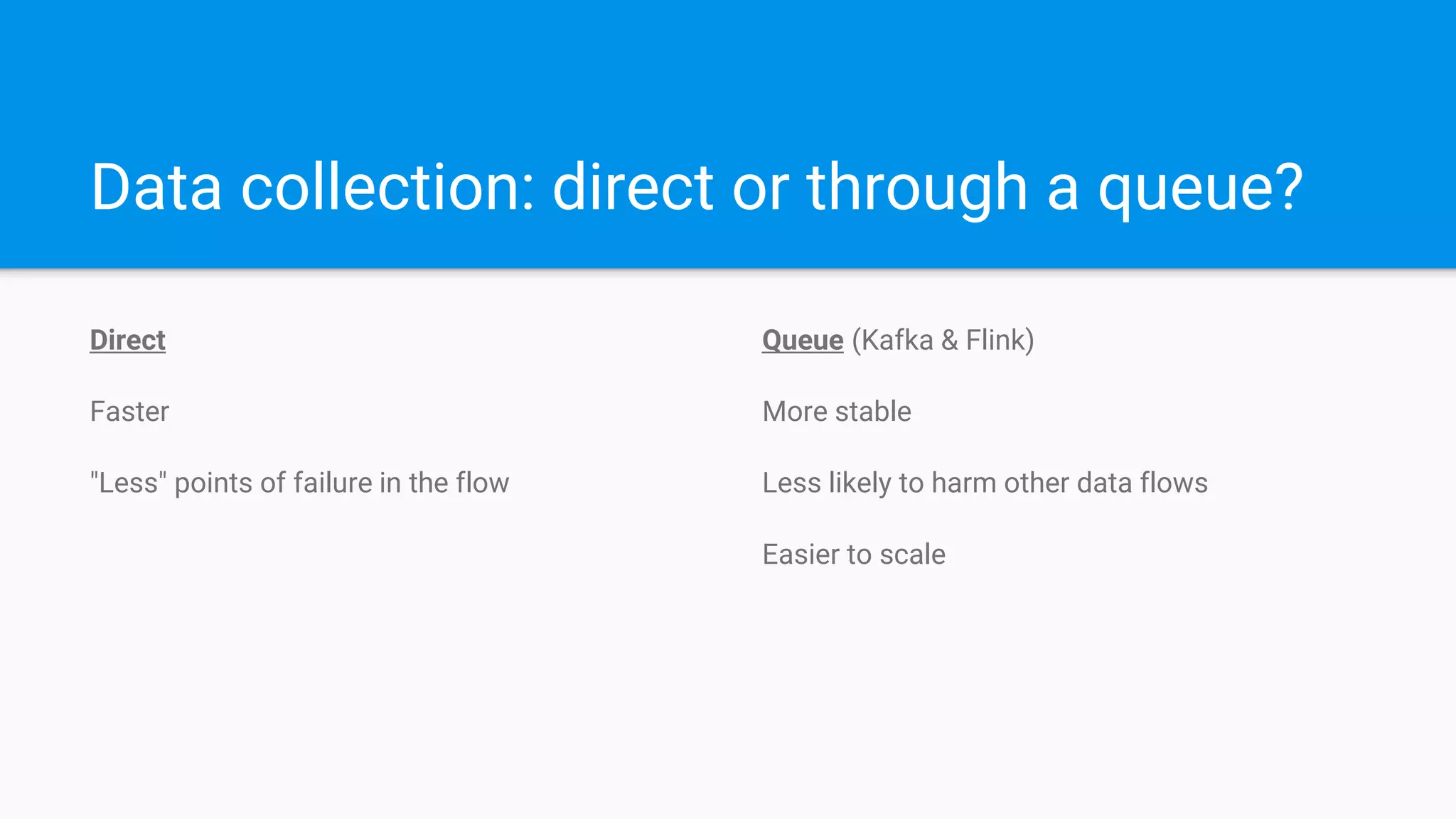 Data collection: direct or through a queue?
Direct
Faster
"Less" points of failure in the flow
Queue (Kafka & Flink)
More stable
Less likely to harm other data flows
Easier to scale
 