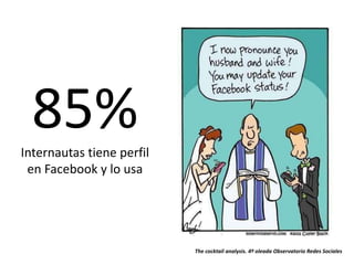 85%
Internautas tiene perfil
 en Facebook y lo usa




                           The cocktail analysis. 4ª oleada Observatorio Redes Sociales
 