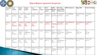 Assembly
name
bases
masked
Small
RNA
Simple
repeats
Low
complexity
GC
content
Total
interspersed
repeats
LINE
[R2/R4/
NeSL]
Ty1/copio
Gypsy/DIRS1
LTR elements
DNA transposon Piggy BAC Tourist/harbinger
P.ramorum
2006
7847064 bp
(11.77%)
11 (6033
bp)
0.01%
5336 (242077
bp)
0.36%
422(20747 bp)
0.03%
53.86% 7580618 bp
(11.37%)
53 (88470
bp 0.13%)
5972 (6669143
bp) 10.01 %
1174 (823005bp)
1.23 %
200 (104977 bp)
0.16%
12 (5609 bp)
0.01%
Protocol
1b
16553511
bp
(24.34%)
75 (49453
bp)
0.07%
7122(331100
bp)
0.49%
816 (40373
bp)
0.06 %
53.98 % 16138229 bp
(23.73%)
87
(250632bp
)
0.37%
8822(14885437
bp ) 21.89 %
1419 ( 1002160 bp )
1.47 %
198 ( 104684 bp )
0.15 %
13 (5809 bp )
0.0.1%
Protocol 2 21185972
bp
(27.00%)
605(3493
28 bp)
0.45%
11702
(586604 bp)
0.75%
1787 (91389
bp)
0.12%
52.40 % 20163370 bp
25.70 %
112
308607 bp
0.39 %
11127 (
18710327 bp )
23.85 %
1756
(1144436) bp
1.46 %
231
129697 bp
0.17 %
12
5417 bp
0.01 %
Protocol 3 12854764
bp
(21.06 %)
64( 69255
bp)
0.11 %
6801 (323105
bp)
0.53%
679 (33221
bp)
0.05%
54.09 % 12434182 bp
20.37 %
64 (176881
bp)
0.29 %
6752
(11415393 bp )
18.70 %
1133 (841908 bp) 1.38
%
191 (105824 bp)
0.17 %
12 (6211 bp)
0.0.1 %
Bangalore
meeting
16192690
bp
(20.68 %)
8 (3317
bp)
0.00%
7549 (340933
bp)
0.44 %
699(33372 bp)
0.04 %
54.32% 15819353 bp
(20.20 %)
92
250092bp
(0.32 %)
2498 (4413567
bp) 5.64 %
1560 (1155118 bp )
1.48 %
228 (126831bp)
0.16 %
15 (6376 bp)
0.0.1 %
Repeat Regions captured in the genome
 