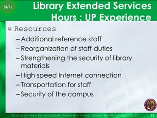 Library Extended Services Hours : UP Experience Resources Additional reference staff Reorganization of staff duties Strengthening the security of library materials High speed Internet connection Transportation for staff Security of the campus Circulation Work for Principled, Adaptive & Direct Library Readers 15 April 2010 [4/4] 