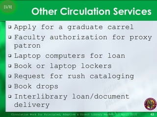 Other Circulation Services Apply for a graduate carrel  Faculty authorization for proxy patron Laptop computers for loan Book or laptop lockers Request for rush cataloging Book drops Interlibrary loan/document delivery Circulation Work for Principled, Adaptive & Direct Library Readers 15 April 2010 [1/3] 