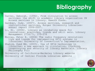 Bibliography Carver, Deborah. (1992). From circulation to access services: the shift in academic library organization IN Access services in library. Hawoth Press. Gardner, Judy. (2007). Access services, research and instructional services, Rutger University Libraries: annual report 2006-2007. Li, Xi. (2006). Library as incubating space for innovations: practices, trends and skill sets. Library Management 27(6/7), 370-378 Murray, Peter E. (2004) The radio frequency revolution: tips and trends for implementing RFID systems in libraries: University of Connecticut's implementation. Shahid, Syed Md. (2005). Use of RFId technology in libraries: a new approach to circulation, tracking, inventorying and security of library materials. Library Philosophy 8(1) University of California-Berkeley Library website University of Central Florida Libraries website Circulation Work for Principled, Adaptive & Direct Library Readers 15 April 2010 