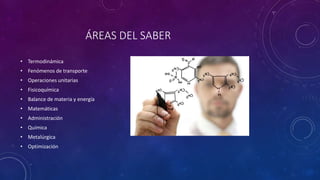ÁREAS DEL SABER
• Termodinámica
• Fenómenos de transporte
• Operaciones unitarias
• Fisicoquímica
• Balance de materia y energía
• Matemáticas
• Administración
• Química
• Metalúrgica
• Optimización
 
