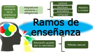 Ramos de
enseñanza
Educación guiada
por la naturaleza
Asignaturas
escolares y
obligatorias
Método natural
Lectura
Escritura
Aritmética
Lenguaje
Condición
necesaria
de la
enseñanza
primaria
Maestro
s rurales