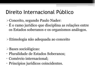 Direito Internacional Público
Conceito, segundo Paulo Nader:
- É o ramo jurídico que disciplina as relações entre
  os Estados soberanos e os organismos análogos.

Etimologia não adequada ao conceito

Bases sociológicas:
• Pluralidade de Estados Soberanos;
• Comércio internacional;
• Princípios jurídicos coincidentes.
 