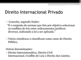 Direito Internacional Privado

 Conceito, segundo Nader:
 “É o conjunto de normas que têm por objetivo solucionar
  os conflitos de leis entre ordenamentos jurídicos
  diversos, indicando a lei a ser aplicada.”

Vários estudiosos o classificam como ramo do Direito
 Público.

Outras denominações:
Direito Intersistemático, Direito Civil
 Internacional, Conflito de Leis e Direito dos Limites.
 