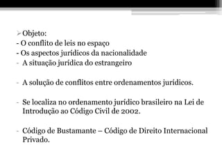 Objeto:
- O conflito de leis no espaço
- Os aspectos jurídicos da nacionalidade
- A situação jurídica do estrangeiro

- A solução de conflitos entre ordenamentos jurídicos.

- Se localiza no ordenamento jurídico brasileiro na Lei de
  Introdução ao Código Civil de 2002.

- Código de Bustamante – Código de Direito Internacional
  Privado.
 
