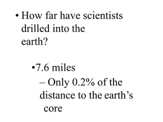 Big Ideas
• The Earth is divided into 3 Main Layers
– Crust
– Mantle
– Core
• Main Rock type of the 2 types of Crust
– Oce...