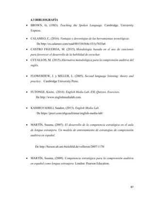 87
4.3 BIBLIOGRAFÍA
 BROWN, G, (1983). Teaching the Spoken Language. Cambridge. University
Express.
 CALAMEO, C, (2016). Ventajas y desventajas de las herramientas tecnológicas
De http://es.calameo.com/read/001536564c1f11e7035a6
 CASTRO FIGUEROA, M. (2015). Metodología basada en el uso de canciones
para favorecer el desarrollo de la habilidad de escuchar.
 CEVALLOS, M. (2015).Alternativa metodológica para la comprensión auditiva del
inglés.
 FLOWERDEW, J. y MILLER, L. (2005). Second language listening: theory and
practice. Cambridge University Press.
 FUTONGE, Kisito, (2016). English Media Lab, ESL Quizzes, Exercises.
De http://www.englishmedialab.com.
 KAHIRUFADHLI, Saadon, (2013). English Media Lab.
De https://prezi.com/e6gcuufzimur/english-media-lab/
 MARTÍN, Susana, (2007). El desarrollo de la competencia estratégica en el aula
de lengua extranjera. Un modelo de entrenamiento de estrategias de comprensión
auditiva en español.
De http://bieson.ub.uni-bielefeld.de/volltexte/2007/1178/
 MARTÍN, Susana, (2009). Competencia estratégica para la comprensión auditiva
en español como lengua extranjera. London: Pearson Education.
 