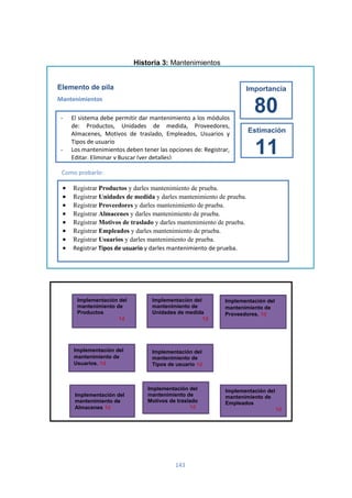 143
Historia 3: Mantenimientos
Tareas de la Historia 3:
Implementación del
mantenimiento de
Usuarios. 1d
Implementación del
mantenimiento de
Tipos de usuario 1d
Implementación del
mantenimiento de
Unidades de medida
1d
Descripción:
- El sistema debe permitir dar mantenimiento a los módulos
de: Productos, Unidades de medida, Proveedores,
Almacenes, Motivos de traslado, Empleados, Usuarios y
Tipos de usuario
- Los mantenimientos deben tener las opciones de: Registrar,
Editar, Eliminar y Buscar (ver detalles)
Estimación
11
Elemento de pila
Mantenimientos
Como probarlo:
 Registrar Productos y darles mantenimiento de prueba.
 Registrar Unidades de medida y darles mantenimiento de prueba.
 Registrar Proveedores y darles mantenimiento de prueba.
 Registrar Almacenes y darles mantenimiento de prueba.
 Registrar Motivos de traslado y darles mantenimiento de prueba.
 Registrar Empleados y darles mantenimiento de prueba.
 Registrar Usuarios y darles mantenimiento de prueba.
 Registrar Tipos de usuario y darles mantenimiento de prueba.
Importancia
80
Implementación del
mantenimiento de
Almacenes 1d
Implementación del
mantenimiento de
Motivos de traslado
1d
Implementación del
mantenimiento de
Empleados
1d
Implementación del
mantenimiento de
Productos
1d
Implementación del
mantenimiento de
Proveedores. 1d
 