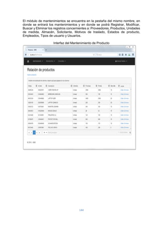 144
El módulo de mantenimientos se encuentra en la pestaña del mismo nombre, en
donde se entrará los mantenimientos y en donde se podrá Registrar, Modificar,
Buscar y Eliminar los registros concernientes a: Proveedores, Productos, Unidades
de medida, Almacén, Solicitante, Motivos de traslado, Estados de producto,
Empleados, Tipos de usuario y Usuarios.
Interfaz del Mantenimiento de Producto
 