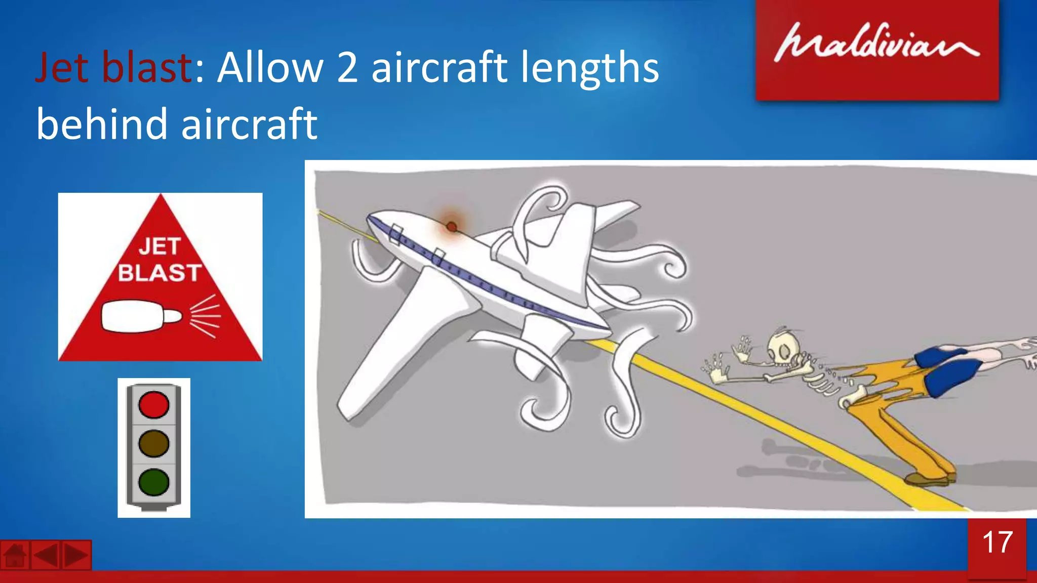 Jet blast: Allow 2 aircraft lengths
behind aircraft
17
 