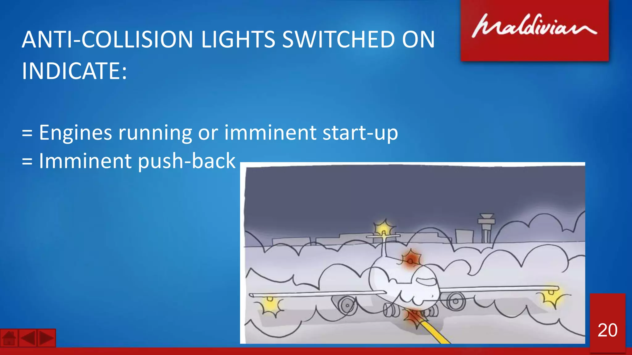 ANTI-COLLISION LIGHTS SWITCHED ON
INDICATE:
= Engines running or imminent start-up
= Imminent push-back
20
 