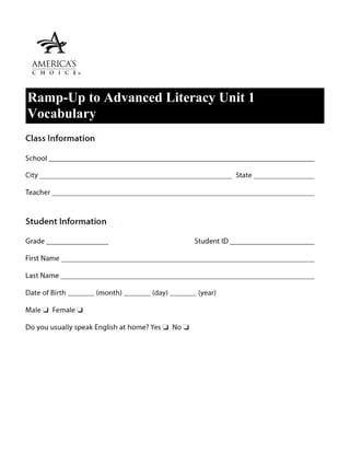 Ramp-Up to Advanced Literacy Unit 1
Vocabulary
 