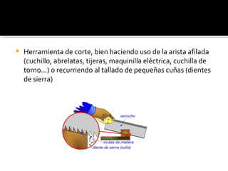 Herramienta de corte, bien haciendo uso de la arista afilada (cuchillo, abrelatas, tijeras, maquinilla eléctrica, cuchilla de torno...) o recurriendo al tallado de pequeñas cuñas (dientes de sierra) 