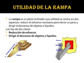 La  rampa  es un  plano inclinado  cuya utilidad se centra en dos aspectos: reducir el esfuerzo necesario para elevar un peso y dirigir el descenso de objetos o líquidos.  Las hay de dos clases: Reducción de esfuerzo. Dirigir el descenso de objetos y líquidos. 