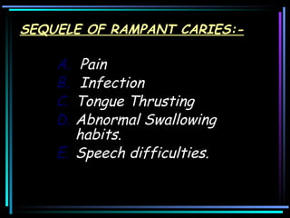 Pain  Infection  Tongue Thrusting  Abnormal Swallowing habits. Speech difficulties. SEQUELE OF RAMPANT CARIES:- 