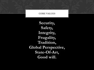CORE VALUES



     Security,
      Safety,
     Integrity,
     Frugality,
    Tradition,
Global Perspective,
   State-Of-Art,
    Good will.
 