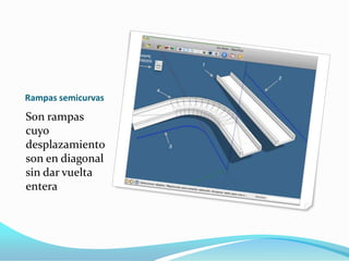 Rampas semicurvas
Son rampas
cuyo
desplazamiento
son en diagonal
sin dar vuelta
entera
 