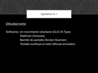 EJEMPLO N 1


Dificultad motriz

Softwares: Un movimiento voluntario (CLIC-N-Type)
           WebCam (Umouse)
           Barrido de pantalla (Screen Scanner)
           Teclado sustituye al ratón (Mouse emulador)
 