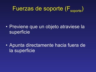 Fuerzas de soporte (F soporte ) <ul><li>Previene que un objeto atraviese la superficie </li></ul><ul><li>Apunta directamen...