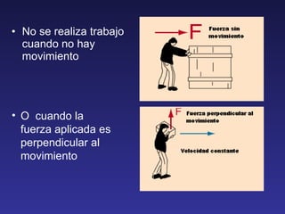 No se realiza trabajo cuando no hay movimiento O  cuando la fuerza aplicada es perpendicular al movimiento 