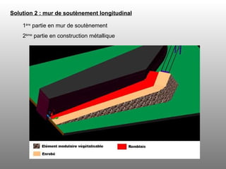 Solution 2 : mur de soutènement longitudinal   1 ère  partie en mur de soutènement 2 ème  partie en construction métallique 